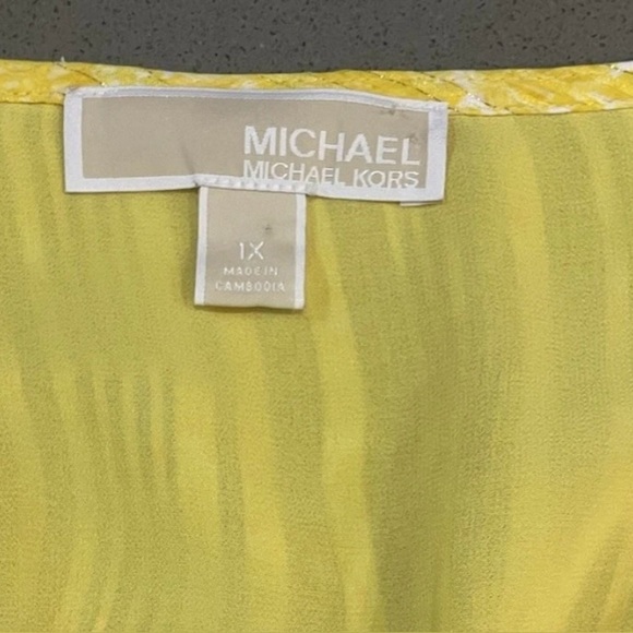 MICHAEL KORS Sunflower Lurex Tie-Sleeve Smocked Faux Wrap Dress Plus Size 1X - Picture 4 of 8